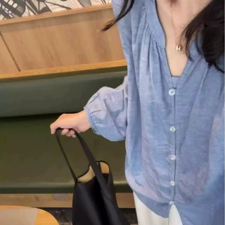 蓝色天丝防晒衬衫女夏季薄款慵懒风V领宽松开衫外套