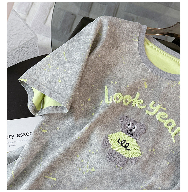 Women's Clothing Casual Fashion Sports Suit For Women Summer New Round Neck Bear Embroidery Tie Dye Top Loose Jeans Two Piece Suit_ecoleips.com