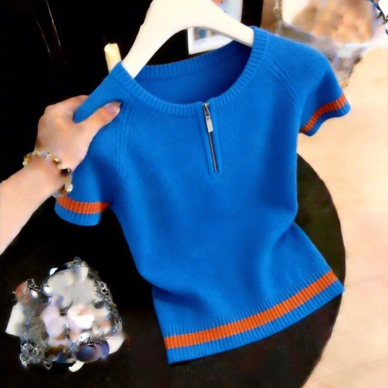 2026 New Summer Style Women's Korean Style Half-Zip Short-Sleeved T-Shirt Knitwear Large Size Slimming Unique and Beautiful Top 2026 New Summer Style Women's Korean Style Half-Zip Short-Sleeved T-Shirt Knitwear Large Size Slimming Unique and Beautiful Top