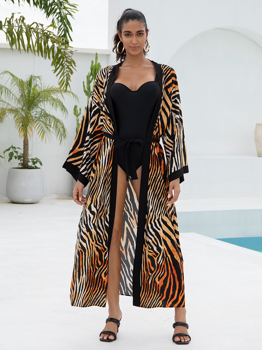 Women's Flowy Cover Up Kimono Beach Dress With Exotic Prints Lightweight Linen Feel Fabric For Pool, Vacation, Boho Outfit_ecoleips.com