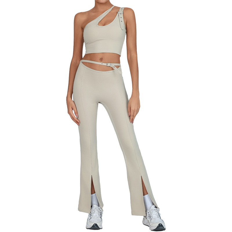 Nuevo traje de yoga con almohadilla para el pecho, chaleco de hombro envuelto en el pecho, cintura alta, levantamiento de cadera, ejercicio, fitness, pantalones de cuerno dividido