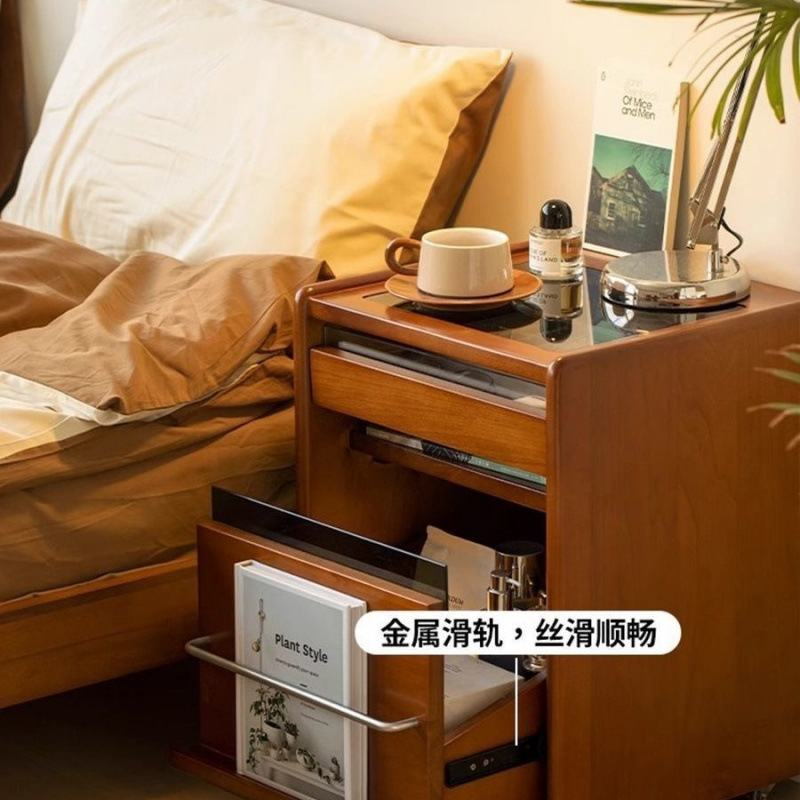 ラバーウッド無垢材ベッドサイドキャビネットレトロ寝室収納キャビネットモバイル収納小型中古超狭いベッドサイドキャビネット|undefined