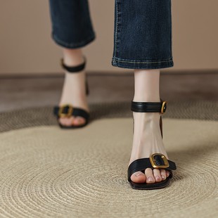French Style Retro Open Toe Sandals Women's 2023 Summer New Brown Empty Niche Elegant High Heels