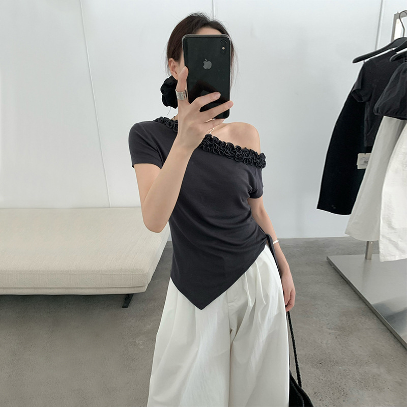 Tg Irregular Sloping Shoulder Niche Design Multi-Layer Lace T-Shirt Women's 2025 Summer New Slim Top 24983