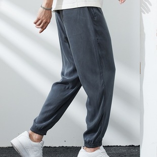 Cupro Men's Pants Summer New Ice Silk Casual Pants Men's Drapey Lightweight Cropped Jogger Pants