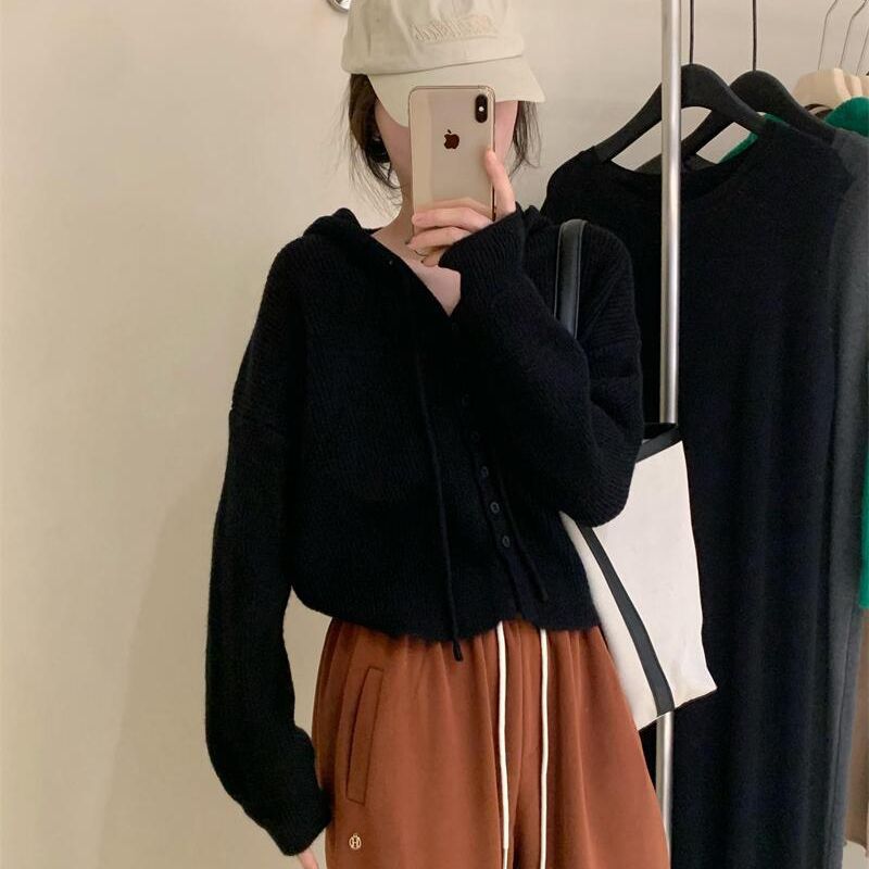 温柔风连帽针织开衫女装气质上衣宽松毛衣披肩外穿单排扣休闲卫衣|undefined