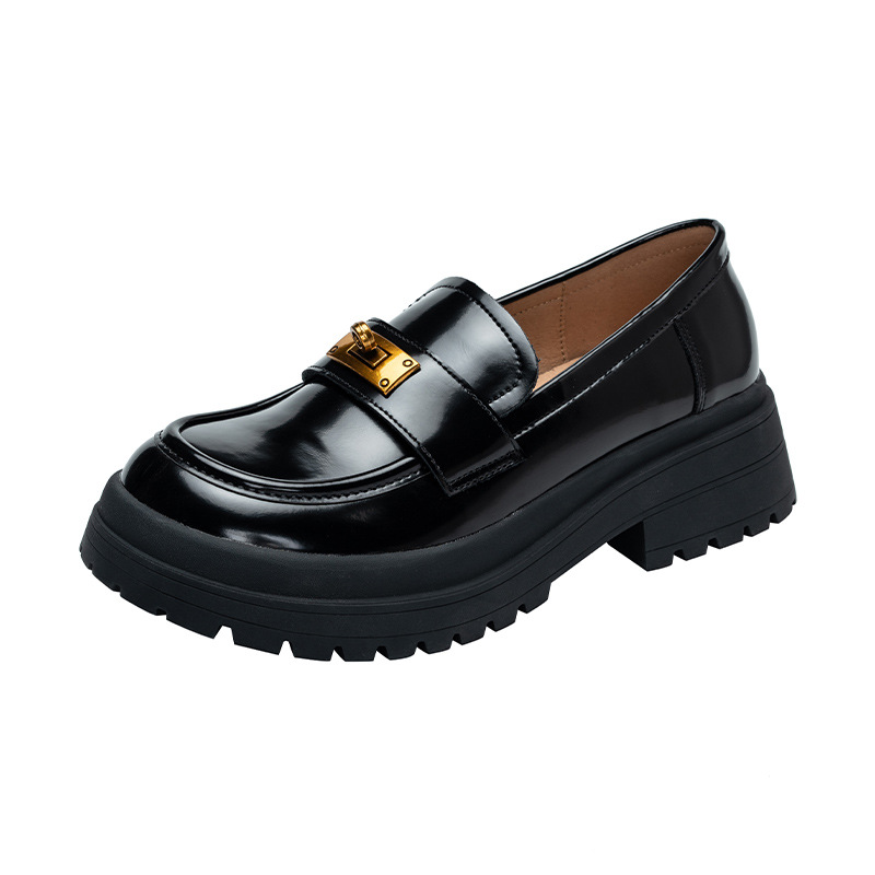 Mocasines de suela gruesa con hebilla dorada y punta redonda de cuero genuino para mujer, zapatos planos informales y versátiles, primavera 2025.