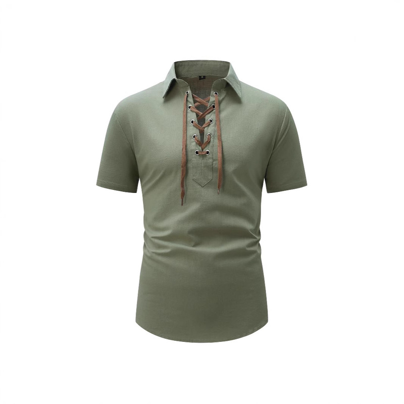 2025 Summer New Amazon Short-sleeved Shirt Men's Lapel Tether Solid Color Casual Loose Short-sleeved Shirt