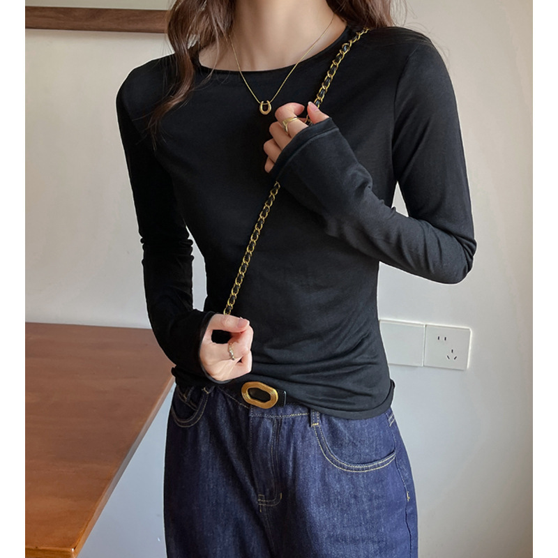 灰色美式圆领打底衫女内搭秋冬高级感正肩修身长袖t恤设计感上衣|undefined
