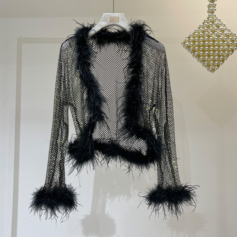 Fashionable ostrich fur mesh diamond hollow Net red coat shawl luxury long sleeve all-match diamond-embedded outer wear top fashion