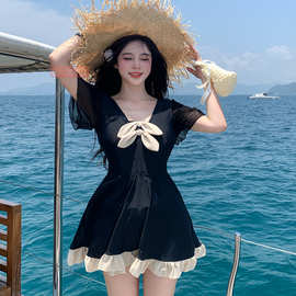 黑色泳衣女连体裙式遮臂保守大码胖mm高级感微胖女孩显瘦温泉泳装