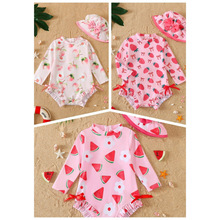 2026新款女童长袖连体泳衣草莓西瓜印花帽子防晒泳装套装