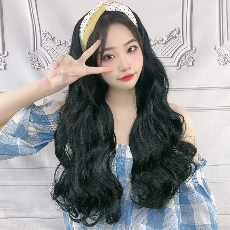 Live broadcast with goods wig women's long hair summer headband one-piece seamless high temperature silk wig net red long curly hair half head cover
