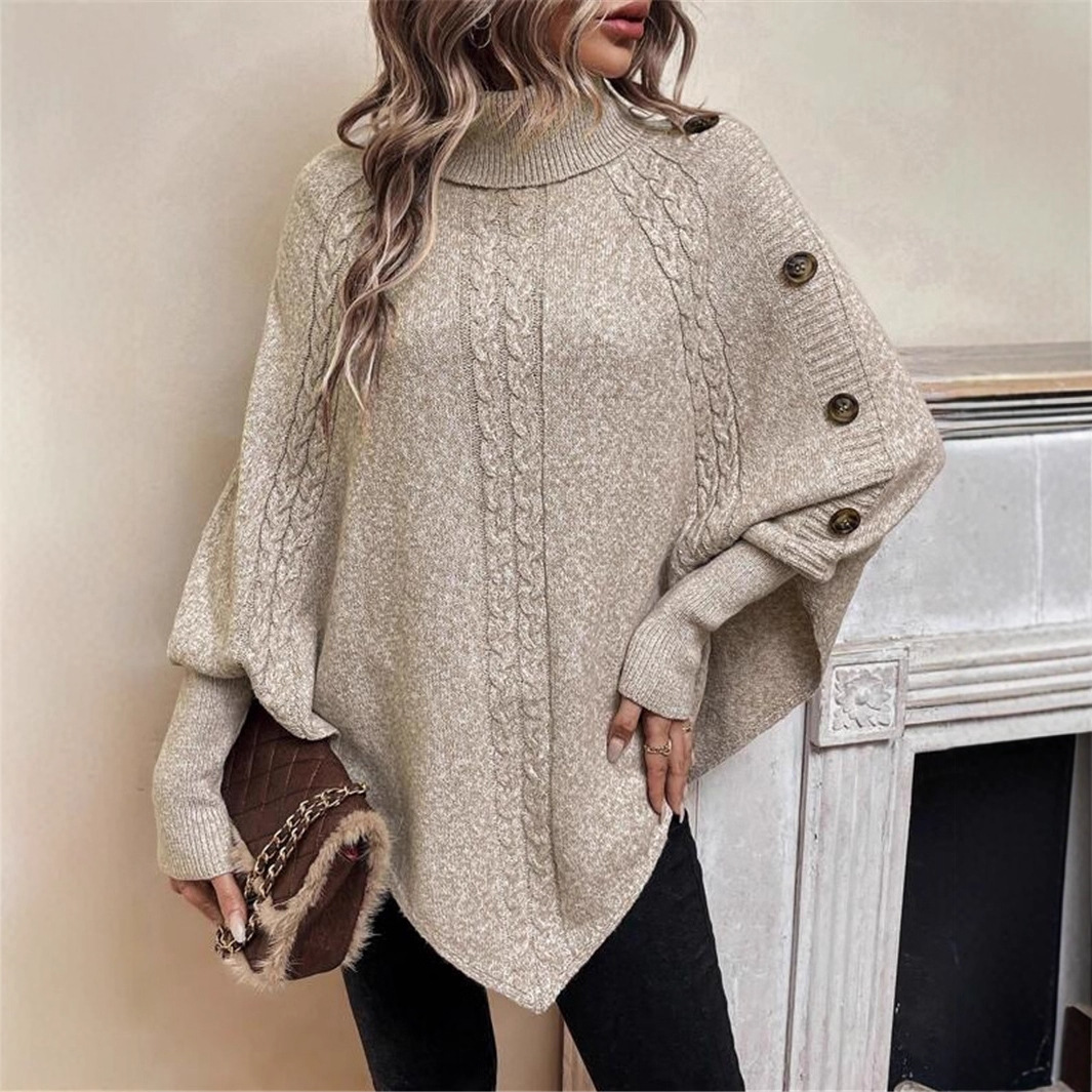 Europa y los Estados Unidos transfronterizos otoño y invierno nuevos suéteres de punto de mujer Amazon moda de cuello alto botón decoración camiseta de murciélagos de manga larga image 4