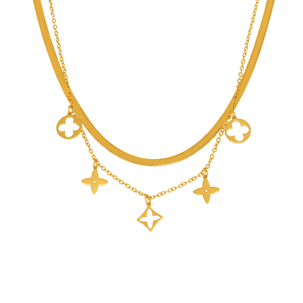 Sugar nuevo colgante de trébol de cuatro hojas de flores huecas de doble cara, doble capa, cadena de clavícula, pulsera, tobillera, juego de joyas