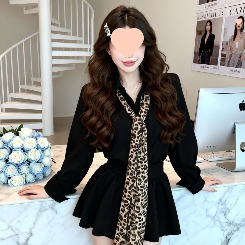 French-style leopard print long-sleeved shirt dress for women, early autumn new collection, waist-cinching, slimming, and figure-flattering French-style leopard print long-sleeved shirt dress for women, early autumn new collection, waist-cinching, slimming, and figure-flattering