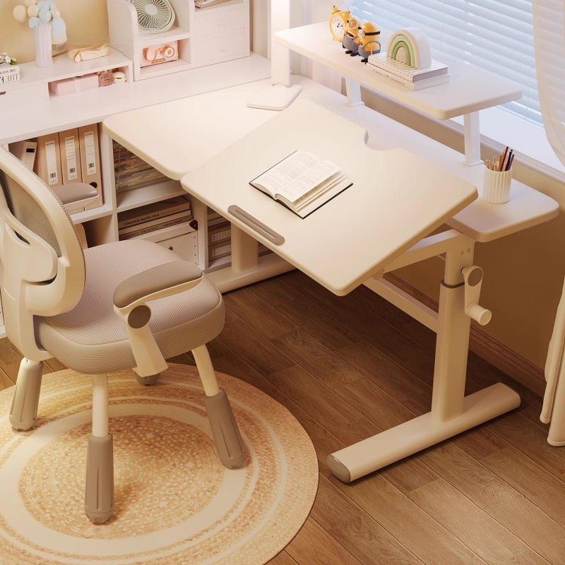 Children's Study Table Can Be Lifted and Lowered, Hand-Cranked Writing Desk and Chair, Student Home Small Apartment Simple Desk, Adjustable Table