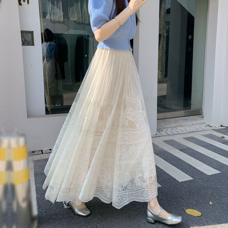 Reversible Lace Skirt for Women 5 New Versatile Long Hem Bottoming Mesh Skirt A-Line Pleated Skirt Autumn