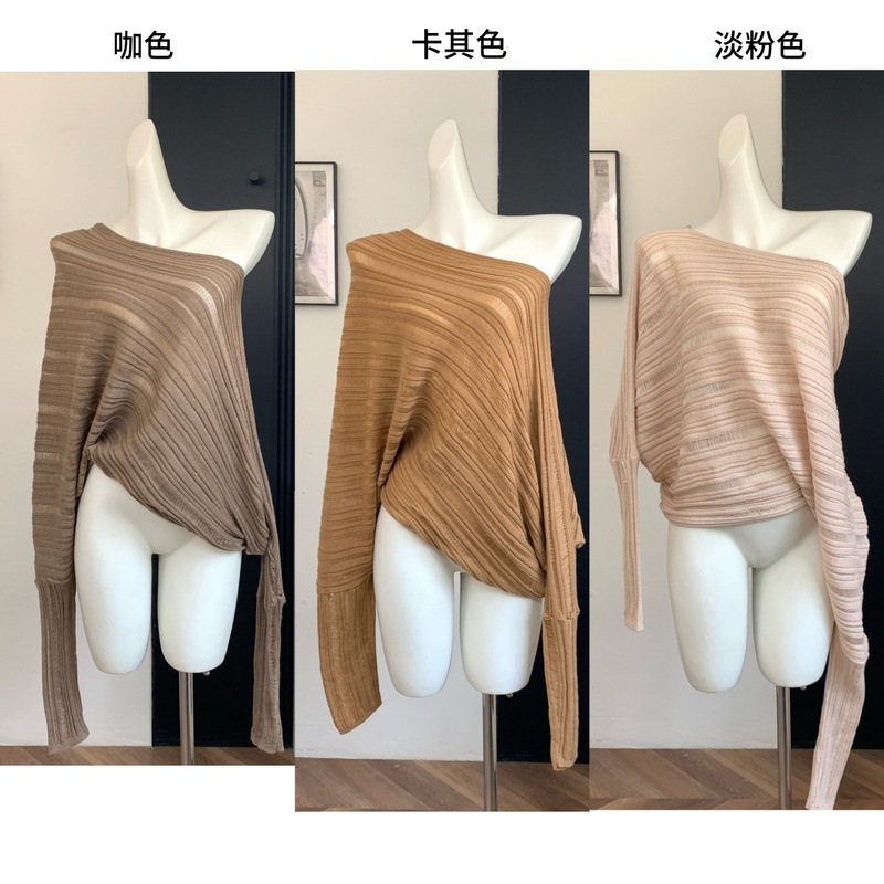 韩系慵懒斜肩毛衣女秋不规则设计垂感宽松毛织上衣|undefined