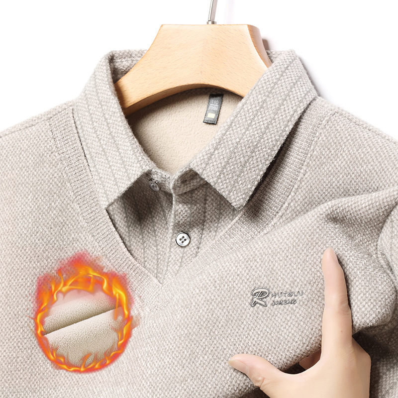 冬季男式长袖加绒假两件T恤衫商务男装上衣加厚保暖两件套polo衫