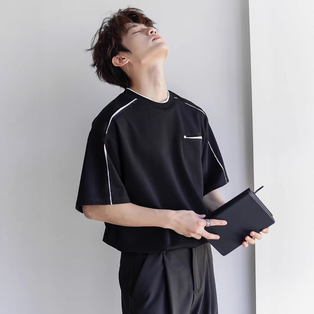 American High Street Short-Sleeved Men's T-Shirt Summer New Trendyy Splicing Design Loose and Versatile Casual Round Neck Half-Sleeve