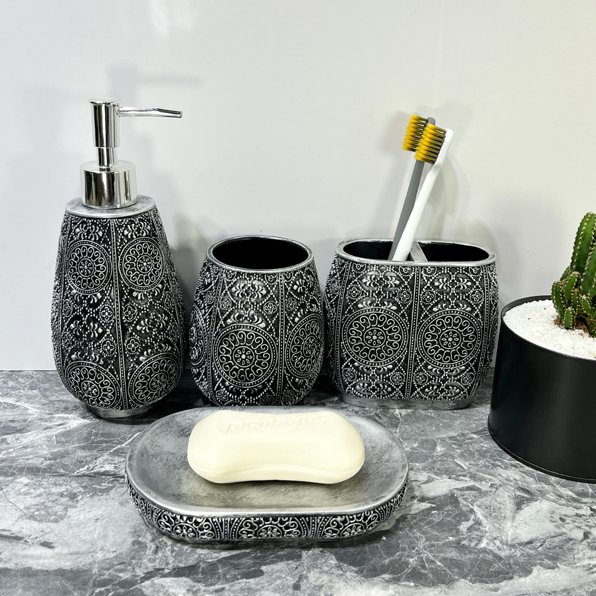 Baño nórdico, lavado de cuatro piezas, baño bohemio pintado, baño, resina, decoración de baño de hotel