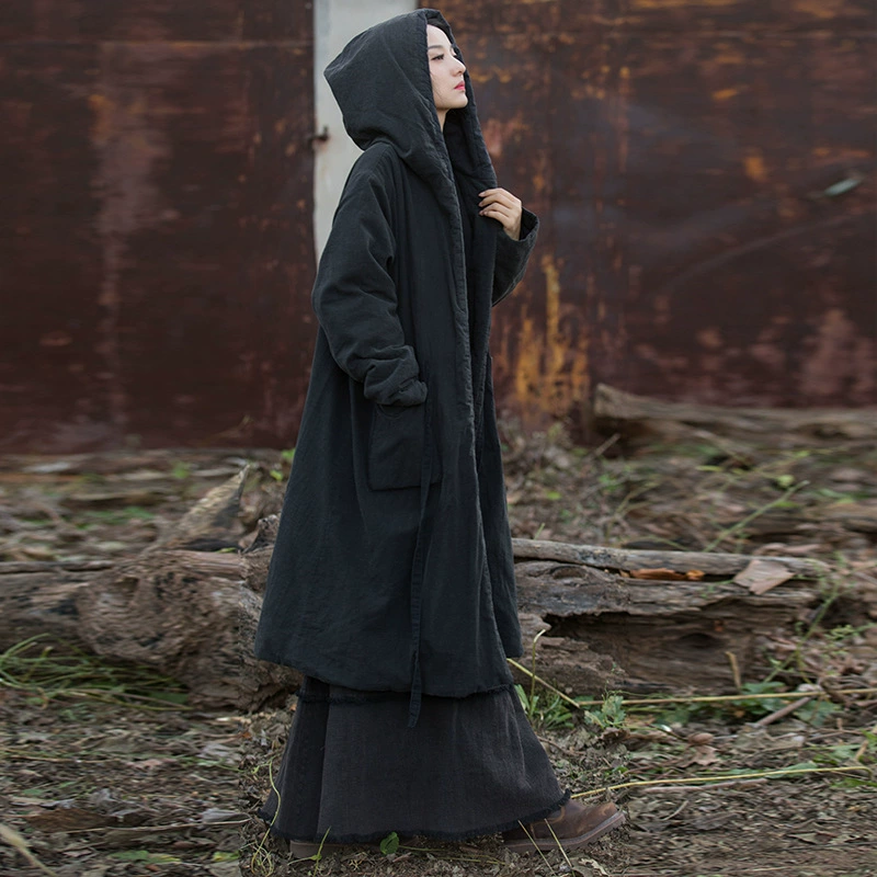 Зимнее хлопково-льняное пальто нового стиля, стеганое, утолщенное, с эффектом потертости, длинное, винтажное, в стиле дзен-бохо, с капюшоном, хлопковый халат-роба в стиле ведьмы