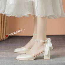 玛丽珍鞋女2022年夏季新款网红仙女风粗跟百搭方头蝴蝶结浅口凉鞋