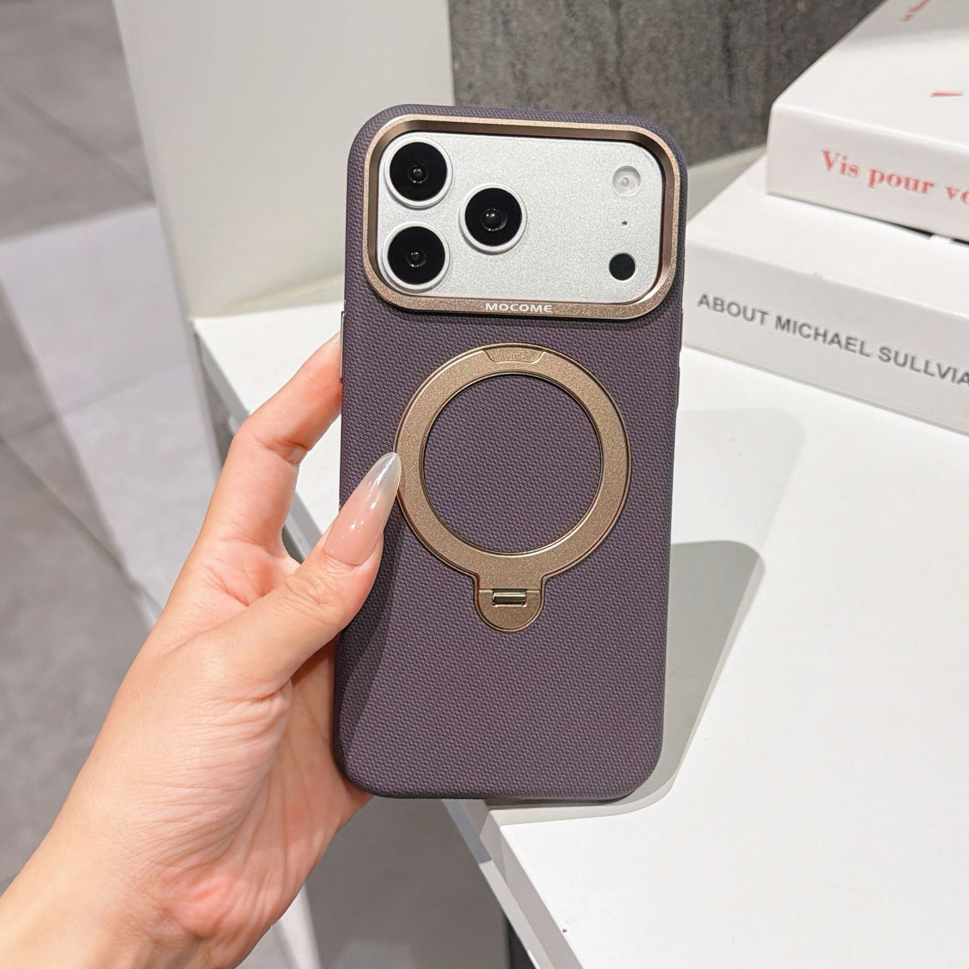 Ốp lưng da iPhone 16/17 Pro Max có vòng xoay 360 độ, nam châm hút, chống sốc viền dày — Đen, Nâu, Tím, Xanh dương chi tiết 12