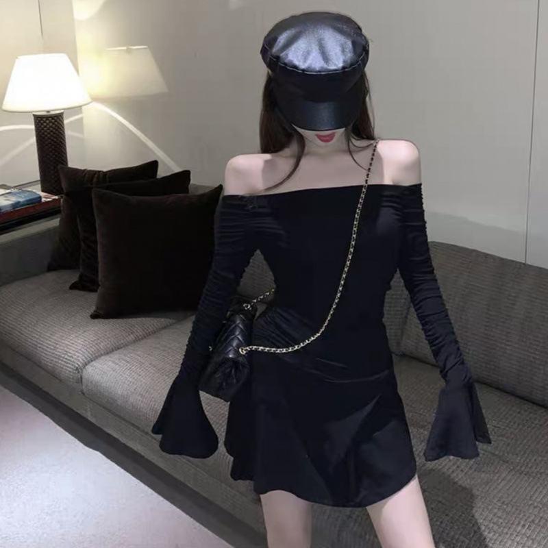 (2개) 봄과 가을 새로운 스타일 순수한 욕망 스타일 여성 스파이스 소녀 한 캐릭터 칼라 리키 숄더 주름 슬림 룩 슬림 룩 호른 긴 소매 A-캐릭터 슬림 룩 원피스