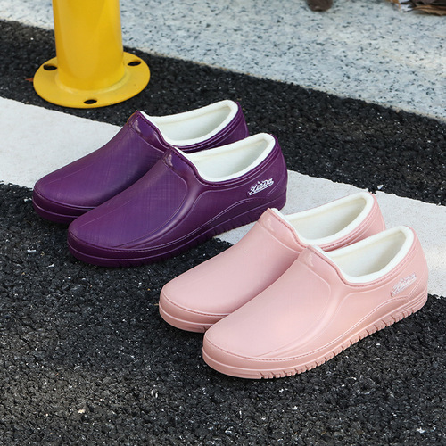 Women's Short Rain Boots Low-Top with Fleece Lining, Slip-On Waterproof Soft Sole Rain Shoes, Kitchen Non-Slip Flat Rubber Shoes