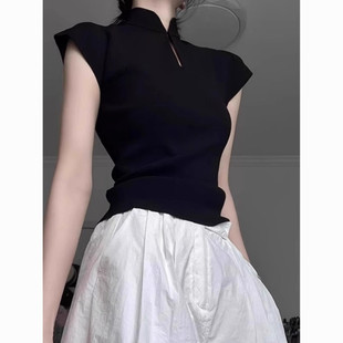 New Chinese Style National Style Black Stand Collar Right Shoulder Knitted Short-Sleeved T-Shirt Women's Summer Slim Small Flying Sleeve Sexy Top