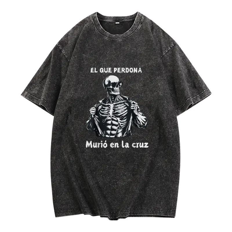 230g Pure Cotton Vintage Men's Dark Street Style Skull Print T-Shirt, Washed and Distressed Casual Short-Sleeve Summer Wear