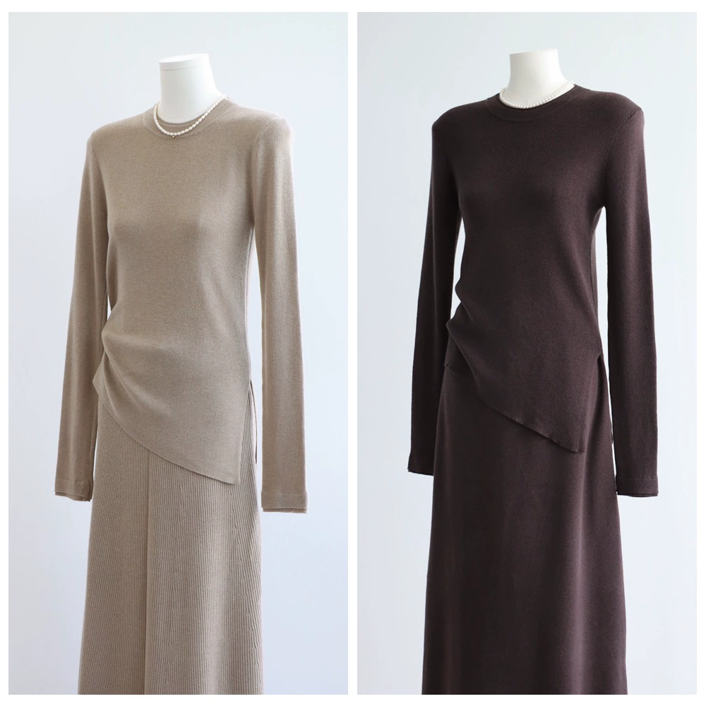 Двухслойный шерстяной трикотаж с круглым вырезом, осенне-зимний шерстяной трикотаж с длинными рукавами, шерстяной трикотажный пуловер с скользящим подолом и разрезом для женщин