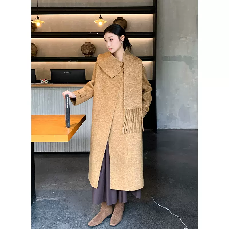 衣尔衫 冬日序章 复古斗篷式双面羊毛大衣女带围巾直筒大衣外套