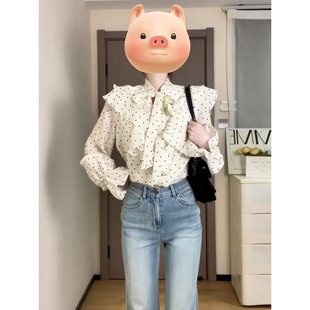 Polka Dot Ruffled French Long-Sleeved Shirt for Women Spring 2025 New Style Chic Design Top