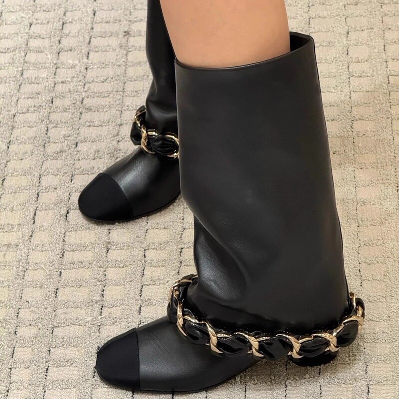 Chanel-Style Chunky Heel High-Tube Metal Chain Pants Boots for Women, Fashionable and Slimming, Straight-Leg (Tax Not Included)
