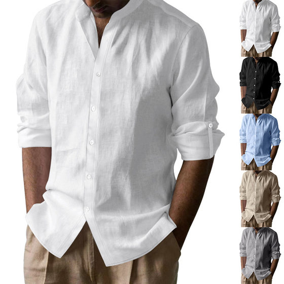 2024 Amazon American Cross-border Men's Hawaiian Style Cotton Linen Vertical Collar Breathable Henry Collar Casual Long Sleeve Shirt
