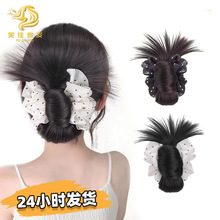 低扎黑白波点鸡毛丸子头假发抓夹慵懒氛围感盘发包造型自然蓬松