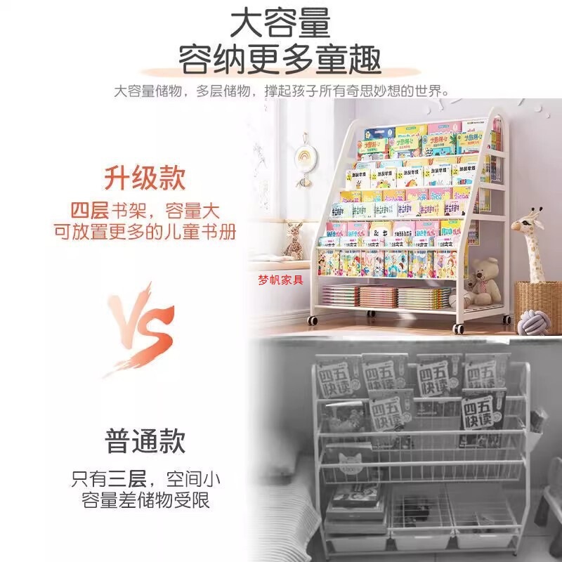 子供用本棚、家庭用絵本棚、読書エリア、移動式おもちゃ収納ラック、シンプルなベビー本棚、床置き型|undefined