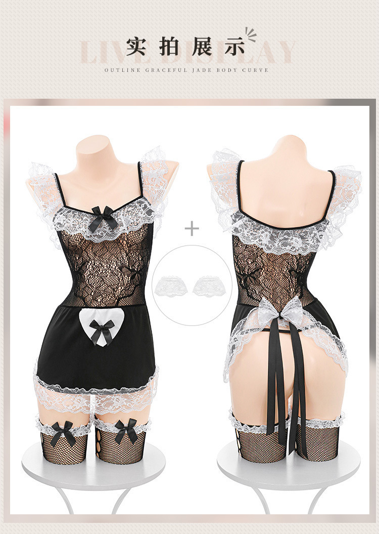 Feimu Women’s Sheer Mesh Role Play Lingerie Set with Headband, Choker, Apron and Wristbands — detail image 17
