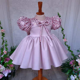 泡泡袖公主裙女童2026新款亮片缎面裙周岁儿童礼服Princess dress