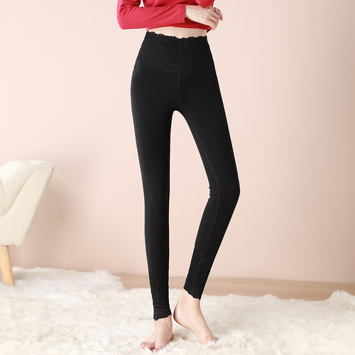 German Fiber Boneless High-Waist Fitted Leggings for Women Winter Elastic Close-Fitting Lace Edge Warm Pants