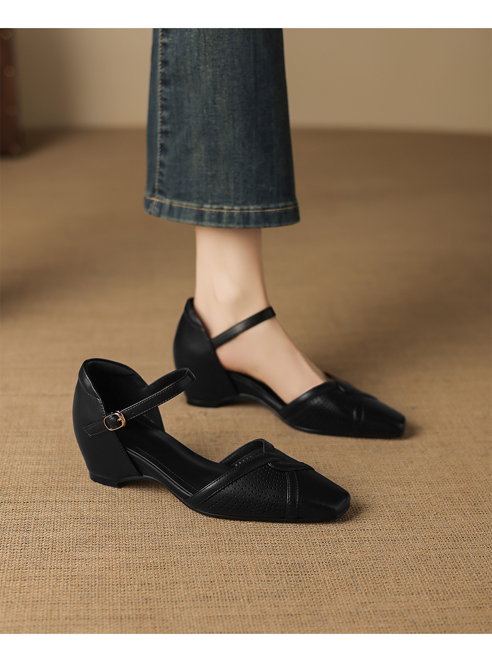 Sandal cao gót nữ quai ngang mũi vuông kiểu Pháp, gót thô ổn định — đen chi tiết 15