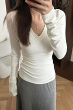 特价跑量【270克双面德绒】V领长袖T恤女秋季白色内搭打底衫上衣