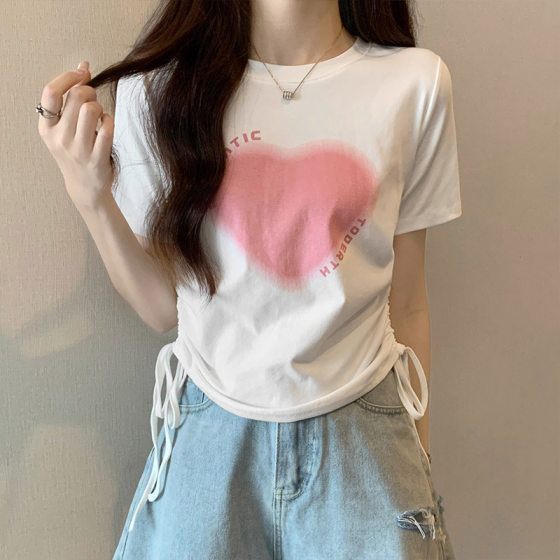 2024 New Love printed short-sleeved T-shirt women's summer design drawstring cotton short hot girl Western style top
