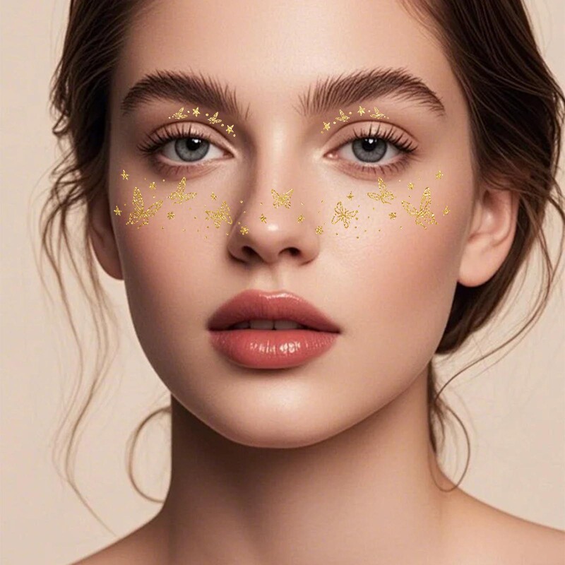 Cross-border high-end European and American gold face makeup tattoo stickers, gold foil party glitter face makeup temporary tattoo stickers
