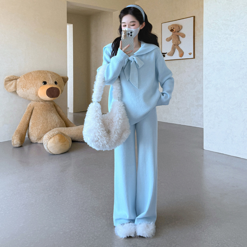 孕妇装秋套装2025新款孕妈法式穿搭翻领针织毛衣阔腿裤两件套秋季|undefined