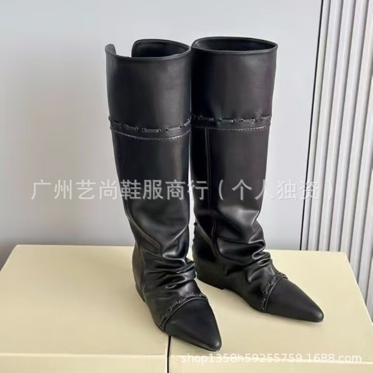 高版2025秋冬真皮尖头内增高褶皱堆堆靴不过膝长靴高筒西部牛仔靴|undefined