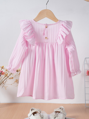 European and American-style girls' spring and autumn dress, ruffled long-sleeved casual skirt for babies, solid-color Korean-style everyday A-line skirt.